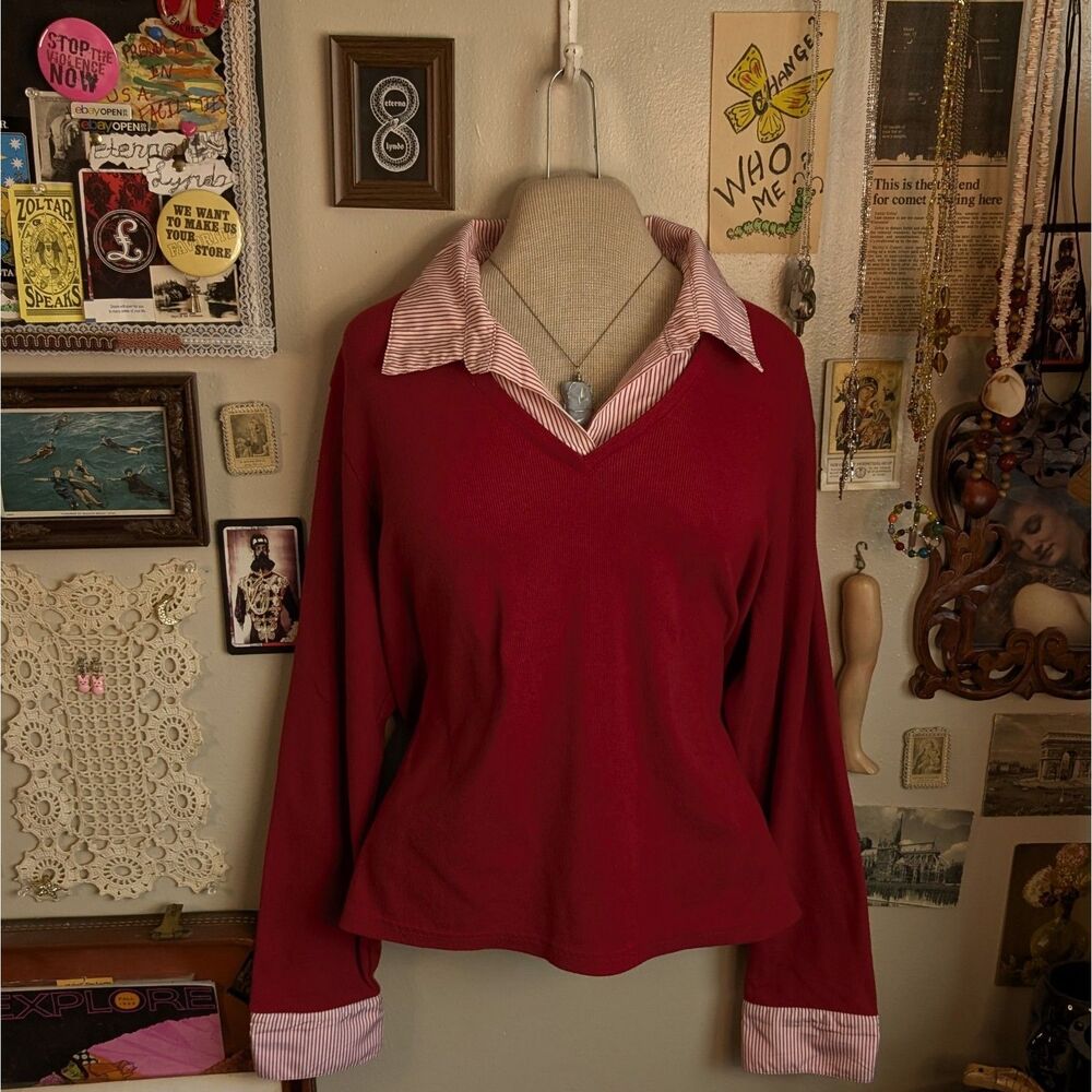 Vintage Collared Striped Sweater Women's XL Red